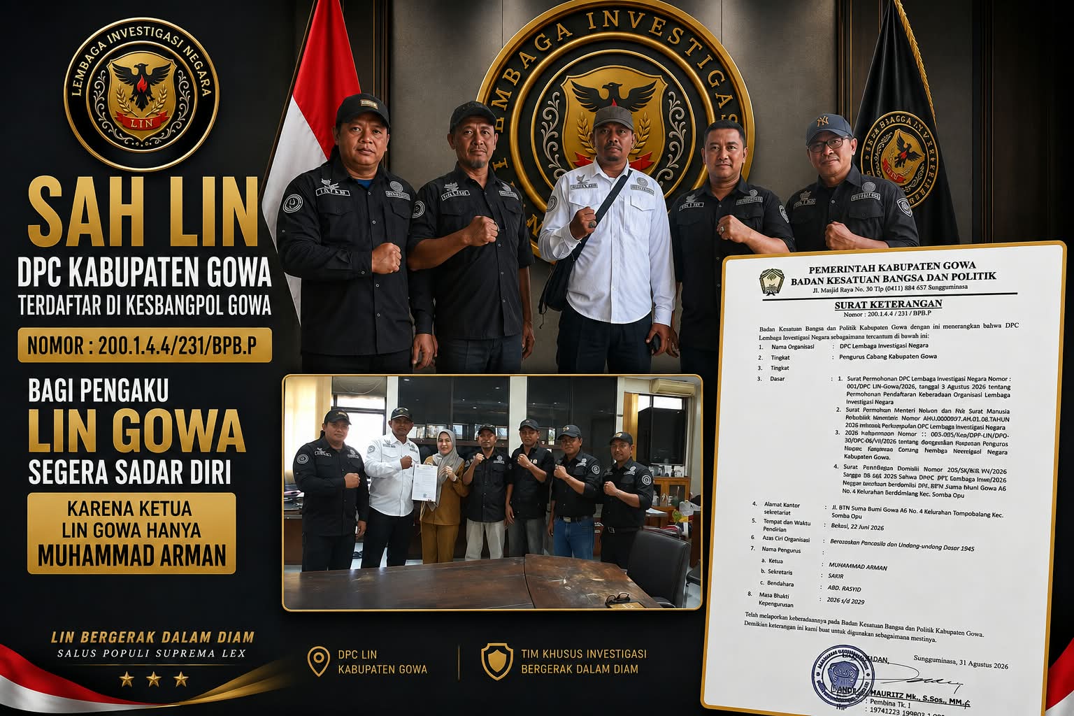 SAH! DPC LIN KABUPATEN GOWA TERIMA SURAT KETERANGAN TERDAFTAR DARI KESBANGPOL DENGAN NOMOR RESMI